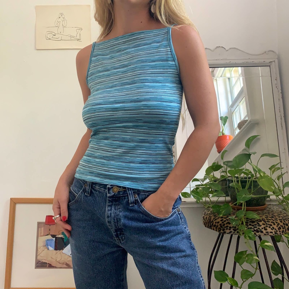 SOLD Vintage 90s Blue Stripe Shimmer High Neck Tank Top Size M - Picture 7 of 7